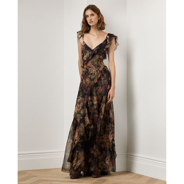 Ralph Lauren Brienne Crinkle Chiffon Evening Dress In Black Multi | ModeSens