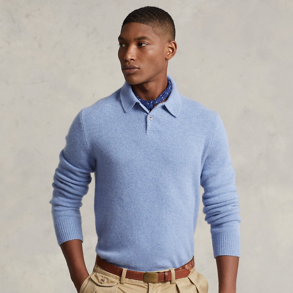 Ralph Lauren Cashmere Polo-collar Sweater In Soft Royal Heather