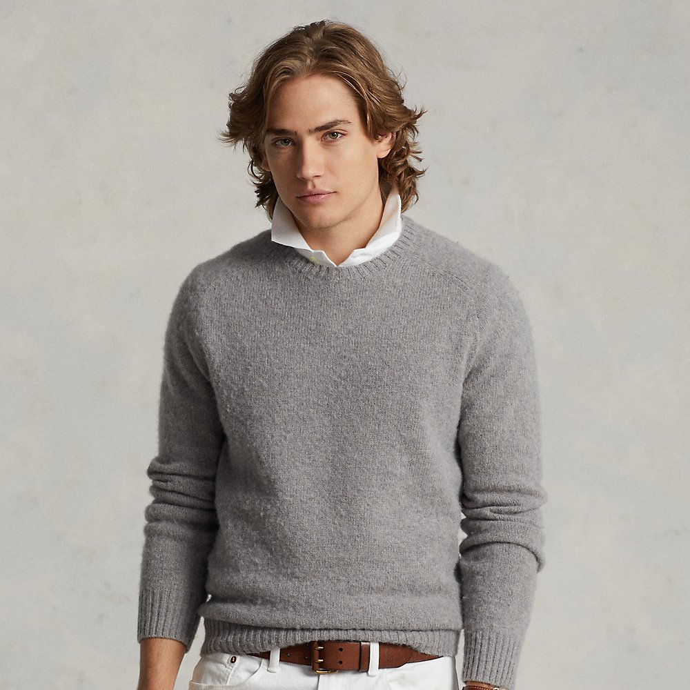 Ralph Lauren Suede-patch Wool Crewneck Sweater In Grey