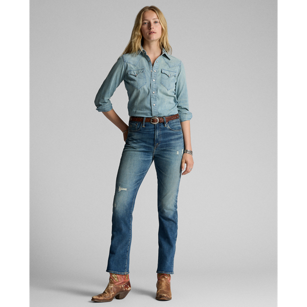 Bootcut jeans made with 11.75 oz. denim. 3x1 right-hand twill is woven with extra stretch. Repaired. Sanforized to minimise shrinkage.