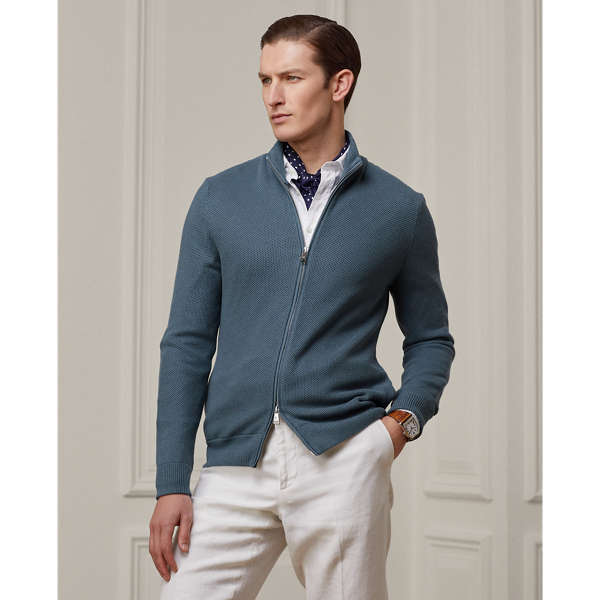 Ralph Lauren Purple Label Silk-cotton Full-zip Sweater In Isla Blue Melange