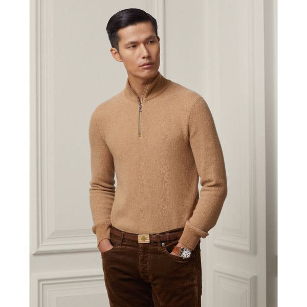 Ralph Lauren Purple Label Cashmere Quarter-zip Sweater In Camel Melange Multi