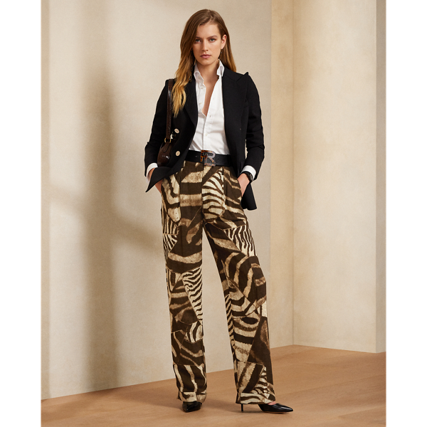 Polo Ralph Lauren Stamford Zebra-print Crepe Straight-leg Pants In Brown/cream Multi
