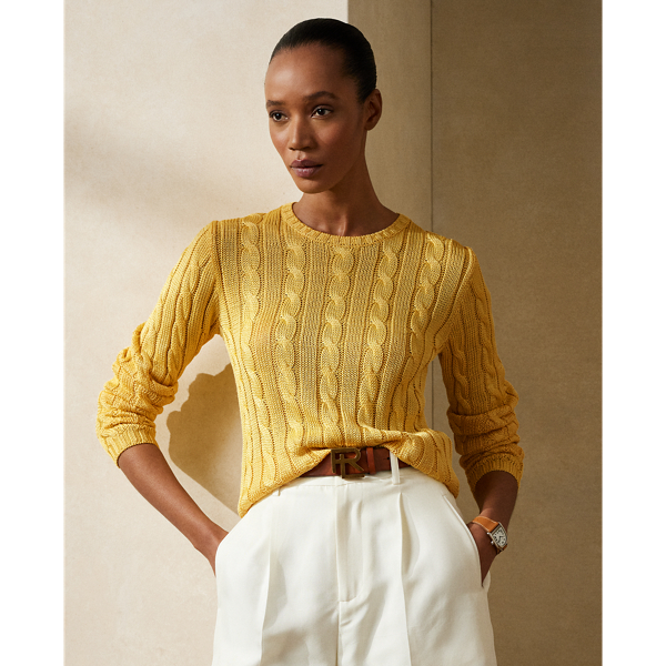 Ralph Lauren Cable-knit Silk Crewneck Sweater In Classic Yellow