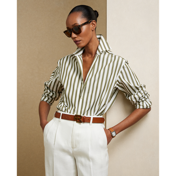 Ralph Lauren Striped Cotton Shirt In Olive/white
