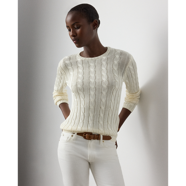 Ralph Lauren Cable-knit Silk Crewneck Sweater In Lux Cream