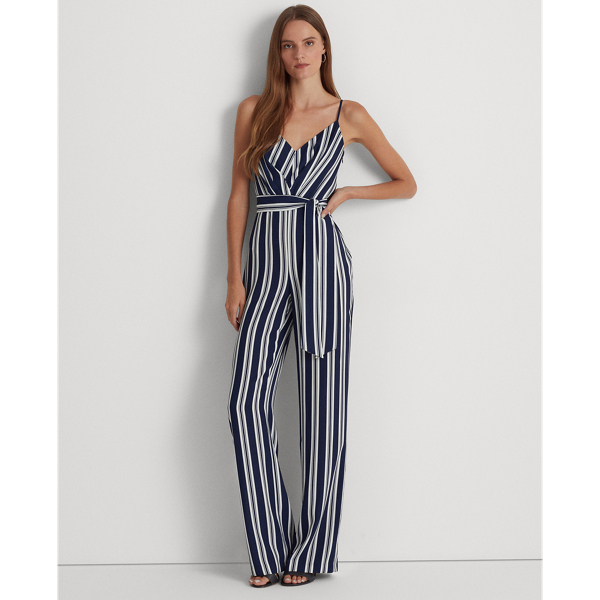 LAUREN RALPH LAUREN STRIPED BELTED CREPE JUMPSUIT