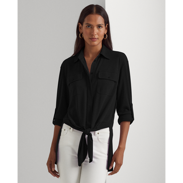 Lauren Ralph Lauren Tie-front Stretch Jersey Shirt In Black | ModeSens