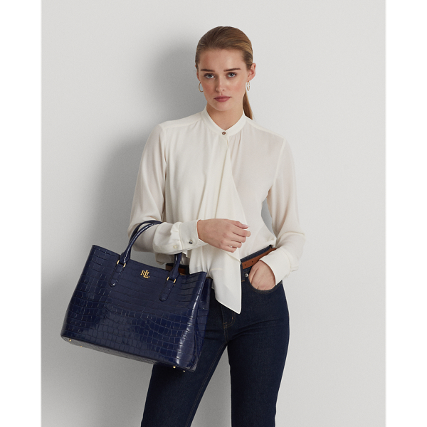 Lauren Ralph Lauren Embossed Leather Large Marcy Satchel In French Navy |  ModeSens