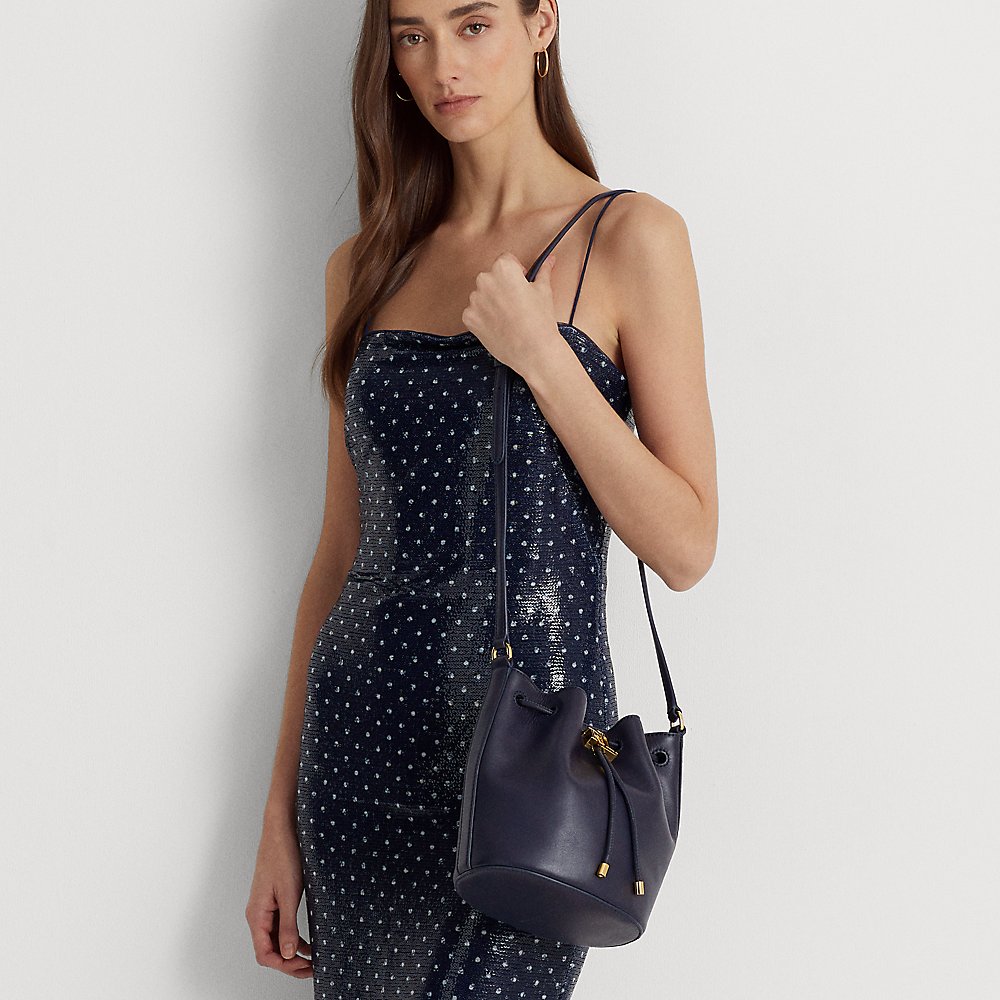 Shop Lauren Ralph Lauren Leather Medium Andie Drawstring Bag In Lauren Navy