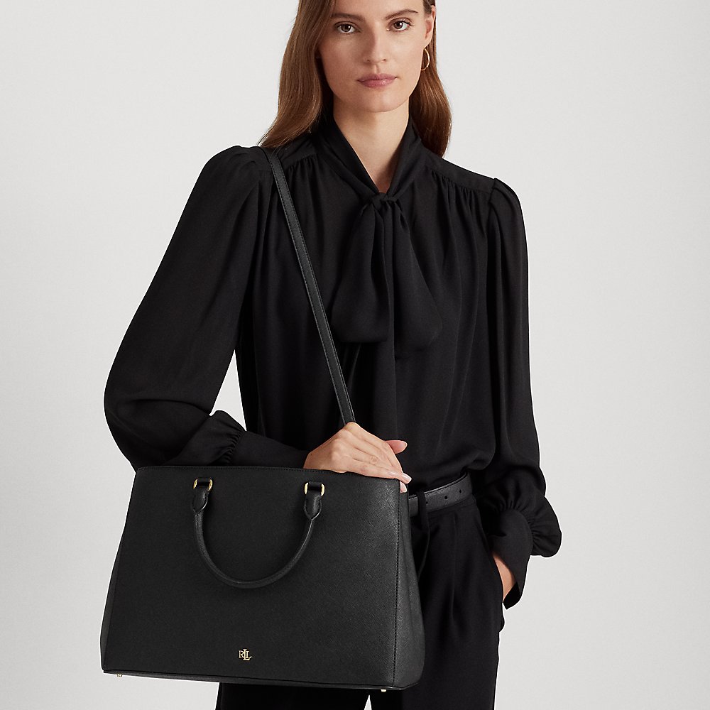 Shop Lauren Ralph Lauren Crosshatch Leather Large Hanna Satchel In Black