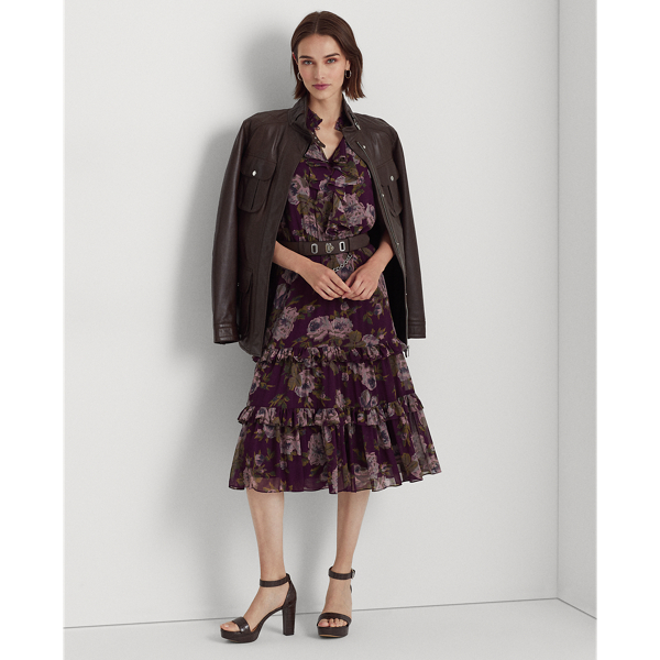 Lauren Ralph Lauren Floral Belted Crinkle Georgette Dress In Purple Multi |  ModeSens