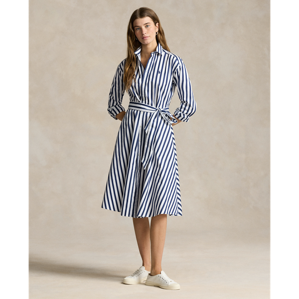 Ralph Lauren Belted Striped Cotton Shirtdress In A Navy/white