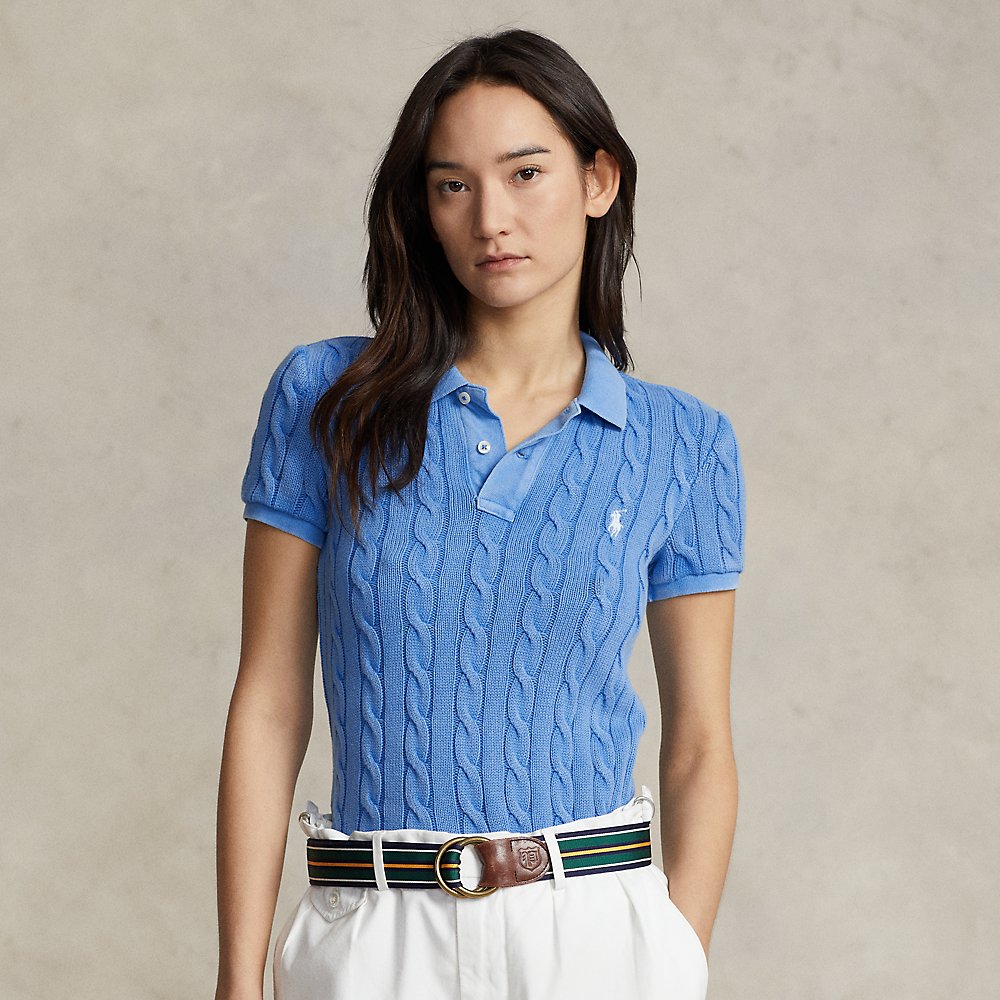 Slim Fit Cable-knit Polo Shirt In Colby Blue