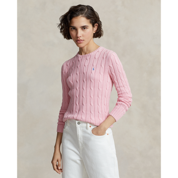 Shop Ralph Lauren Cable-knit Cotton Crewneck Sweater In Carmel Pink
