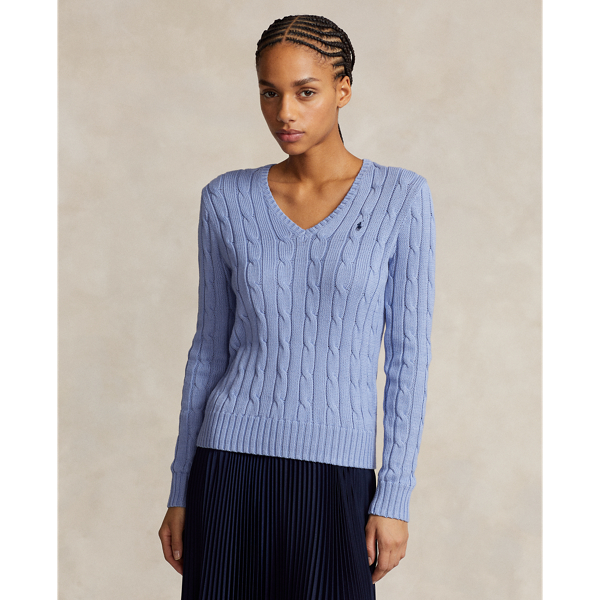 Shop Polo Ralph Lauren Cable-knit Cotton V-neck Jumper In Blue