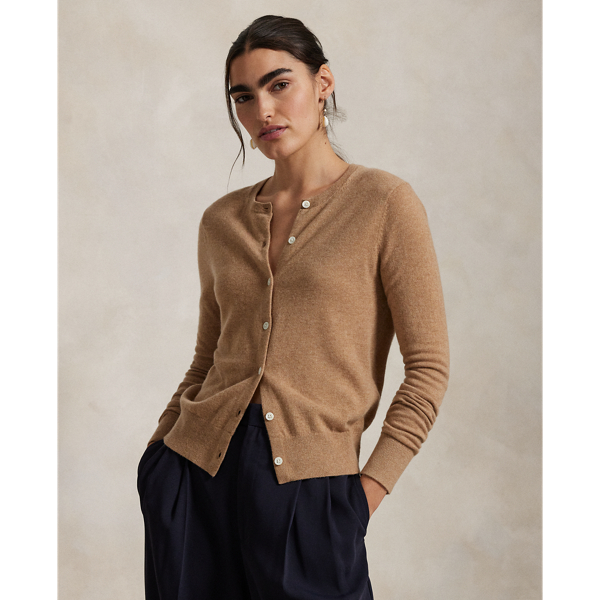 Ralph Lauren Cashmere Crewneck Cardigan In Collection Camel Melange