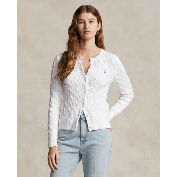 Shop Ralph Lauren Cable-knit Cotton Crewneck Cardigan In White