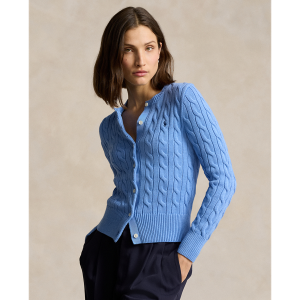 Shop Ralph Lauren Cable-knit Cotton Crewneck Cardigan In New Litchfield Blue