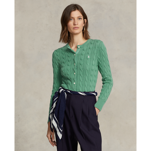 Polo Ralph Lauren Cable-knit Cotton Crewneck Cardigan In Fairway Green