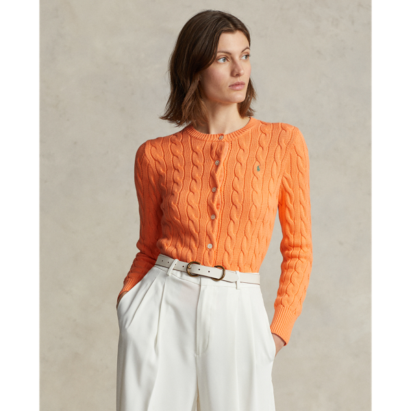 Ralph Lauren Cable-knit Cotton Crewneck Cardigan In Fair Orange