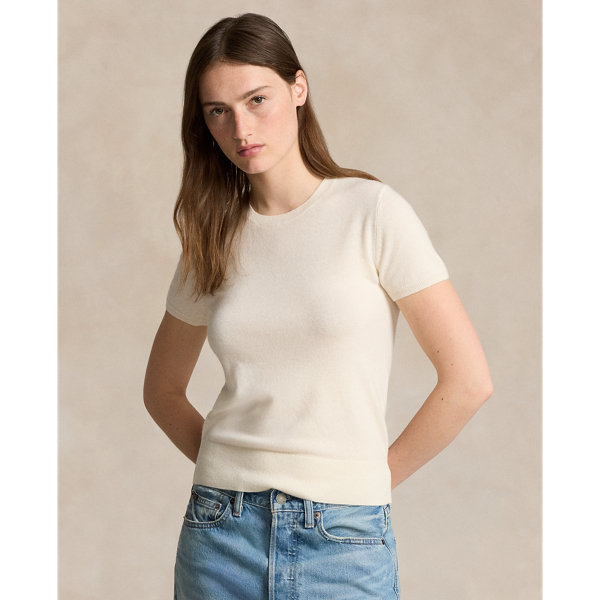 Ralph Lauren Cashmere Short-sleeve Crewneck Sweater In Cream