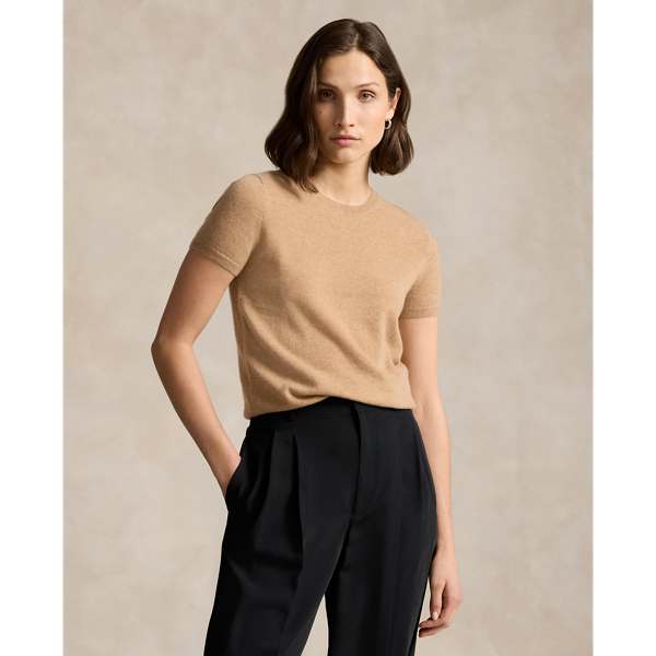 Ralph Lauren Cashmere Short-sleeve Crewneck Sweater In Collection Camel Melange