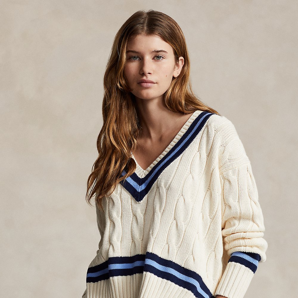 Ralph Lauren Cable-knit Cotton Cricket Sweater In Cream W/ Navy Stripe