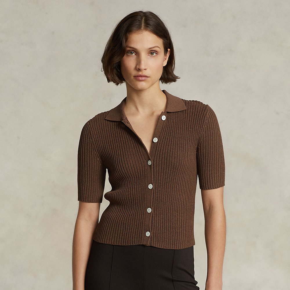Ralph Lauren Rib-knit Short-sleeve Polo Cardigan In Chocolate Brown