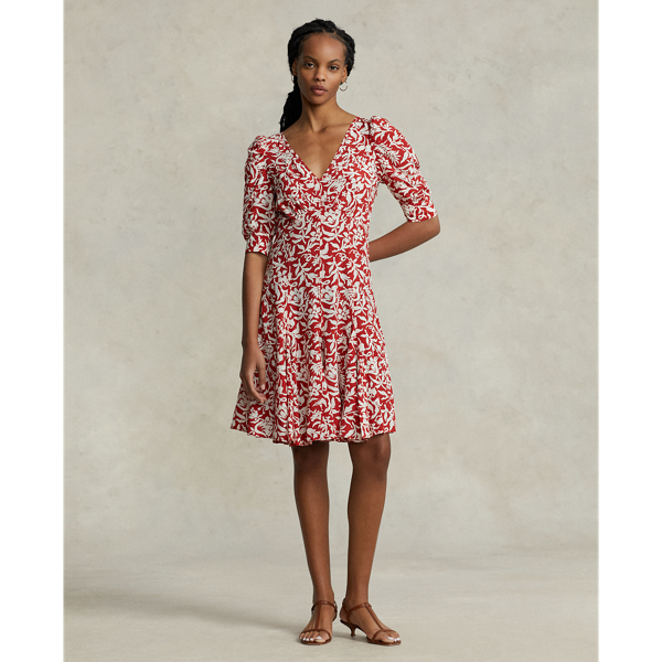 Polo Ralph Lauren Floral Mutton-sleeve Godet Crepe Dress In Spring Lily Floral