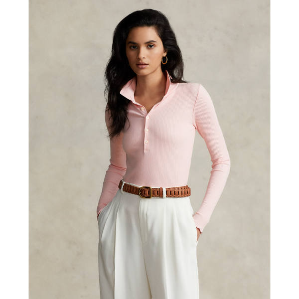 Polo Ralph Lauren Ribbed Long-sleeve Polo Shirt In Pink Sand