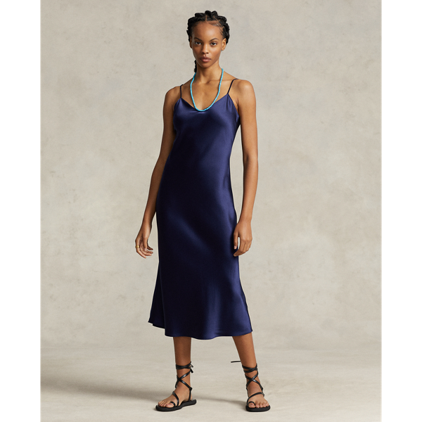 Ralph Lauren Mulberry Silk Midi Slip Dress In Newport Navy