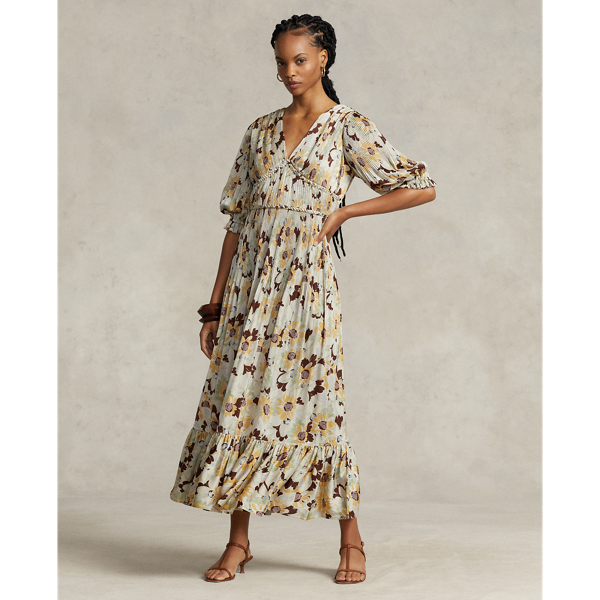 Ralph Lauren Floral Pleated Satin Dress In Spring Buttercup Floral