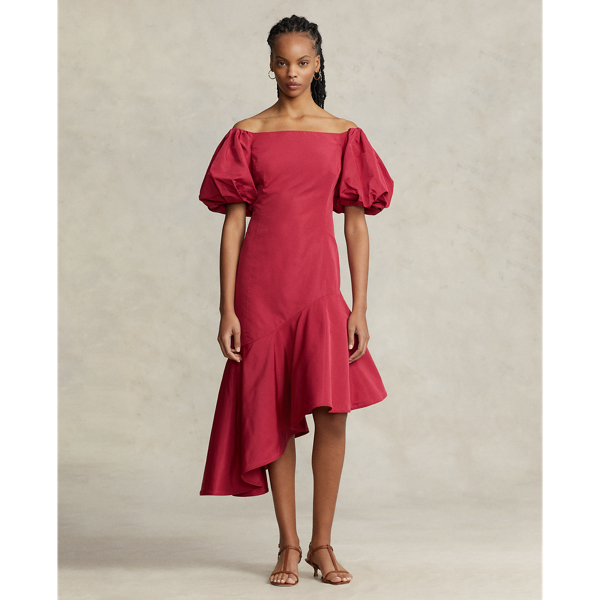 Ralph Lauren Ruffled Asymmetrical Taffeta Gown In Red Raspberry