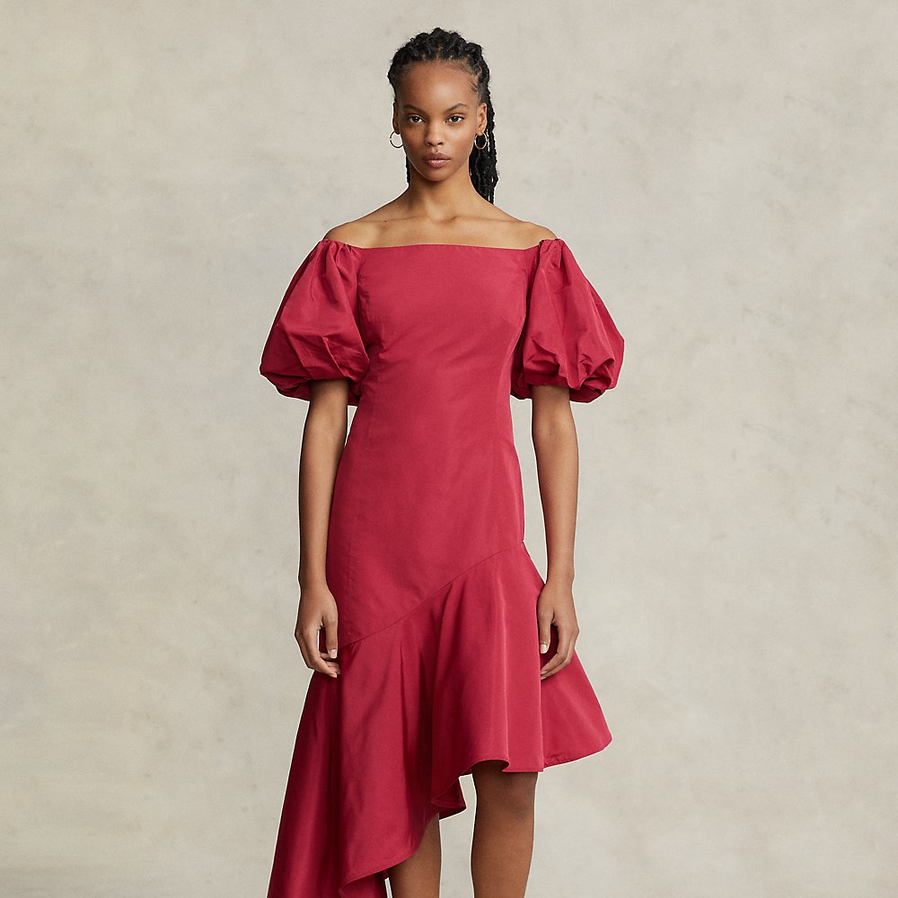 Ralph Lauren Ruffled Asymmetrical Taffeta Gown In Red Raspberry
