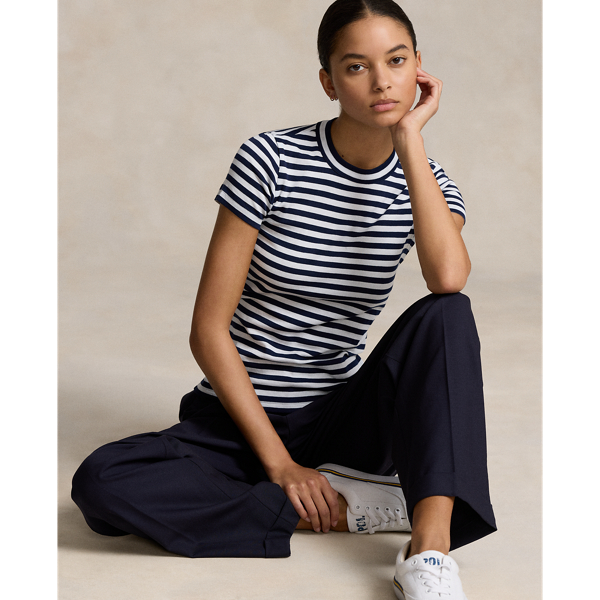 Ralph Lauren Striped Ribbed Cotton Crewneck Tee In Cruise Navy/white
