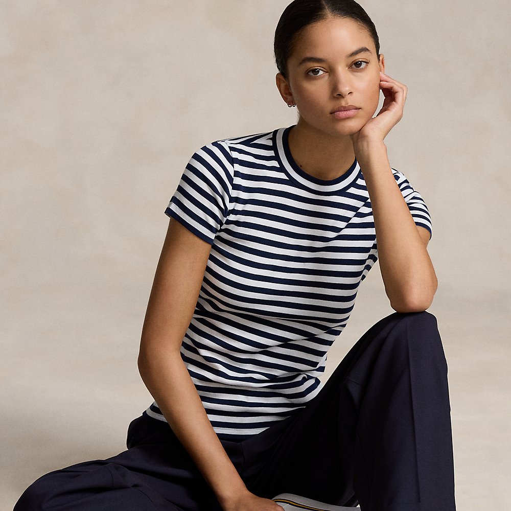 Ralph Lauren Striped Ribbed Cotton Crewneck Tee In Cruise Navy/white