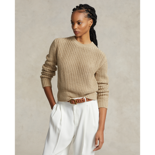 Polo Ralph Lauren Openwork Cotton-blend Crewneck Sweater In Tan Multi