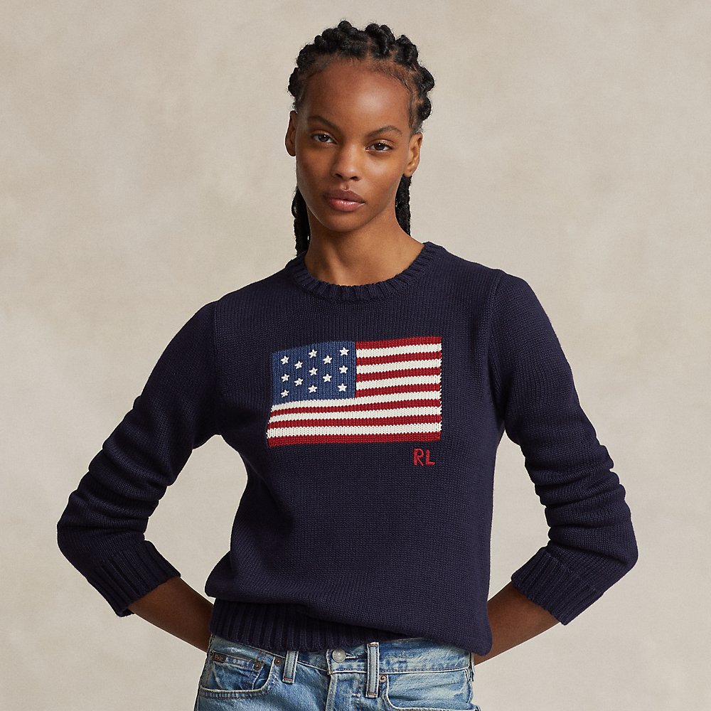 Shop Ralph Lauren Flag Cotton Crewneck Sweater In Navy