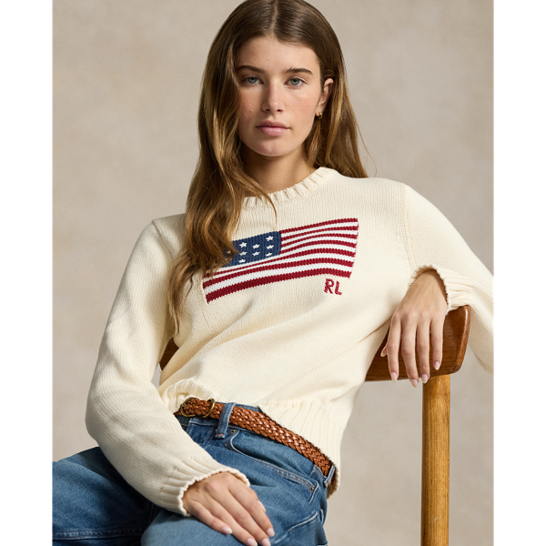 Shop Ralph Lauren Flag Cotton Crewneck Sweater In Cream