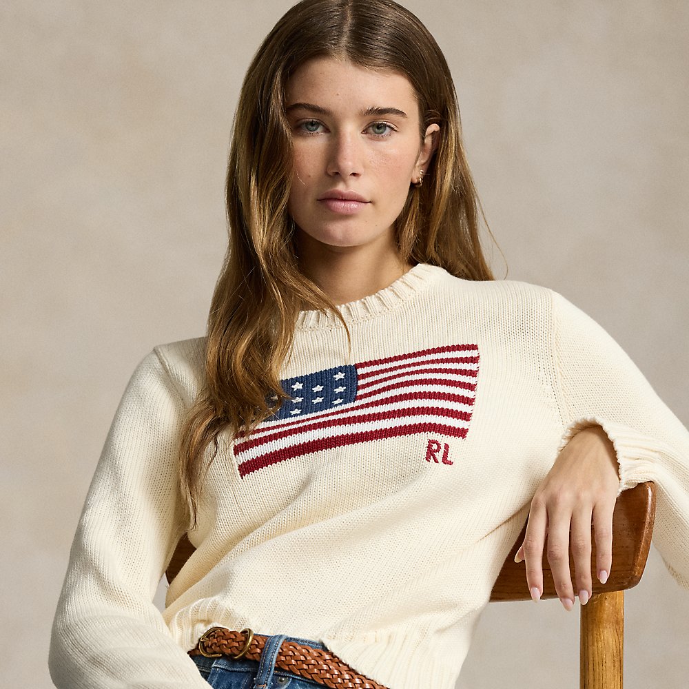 Ralph Lauren Flag Cotton Crewneck Sweater In Cream