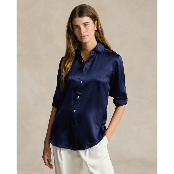 Shop Ralph Lauren Classic Fit Silk Shirt In Newport Navy