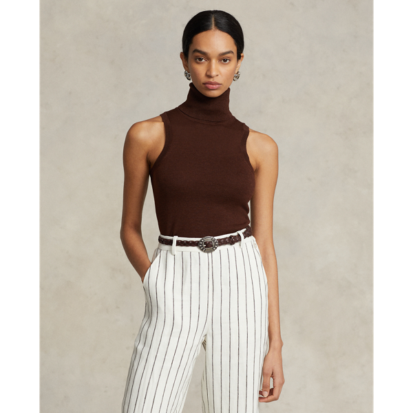 Wool Sleeveless Turtleneck In Chocolate Brown