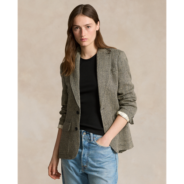 Shop Ralph Lauren Herringbone Linen-blend Blazer In Black/cream Herringbone