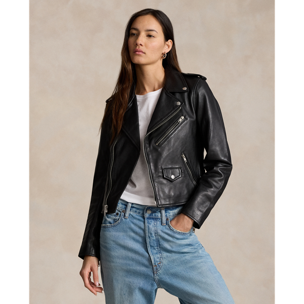 Ralph Lauren Sheepskin Leather Moto Jacket In Polo Black