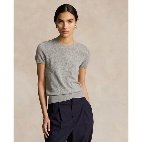 Ralph Lauren Cashmere Short-sleeve Crewneck Sweater In Battalion Grey Heather