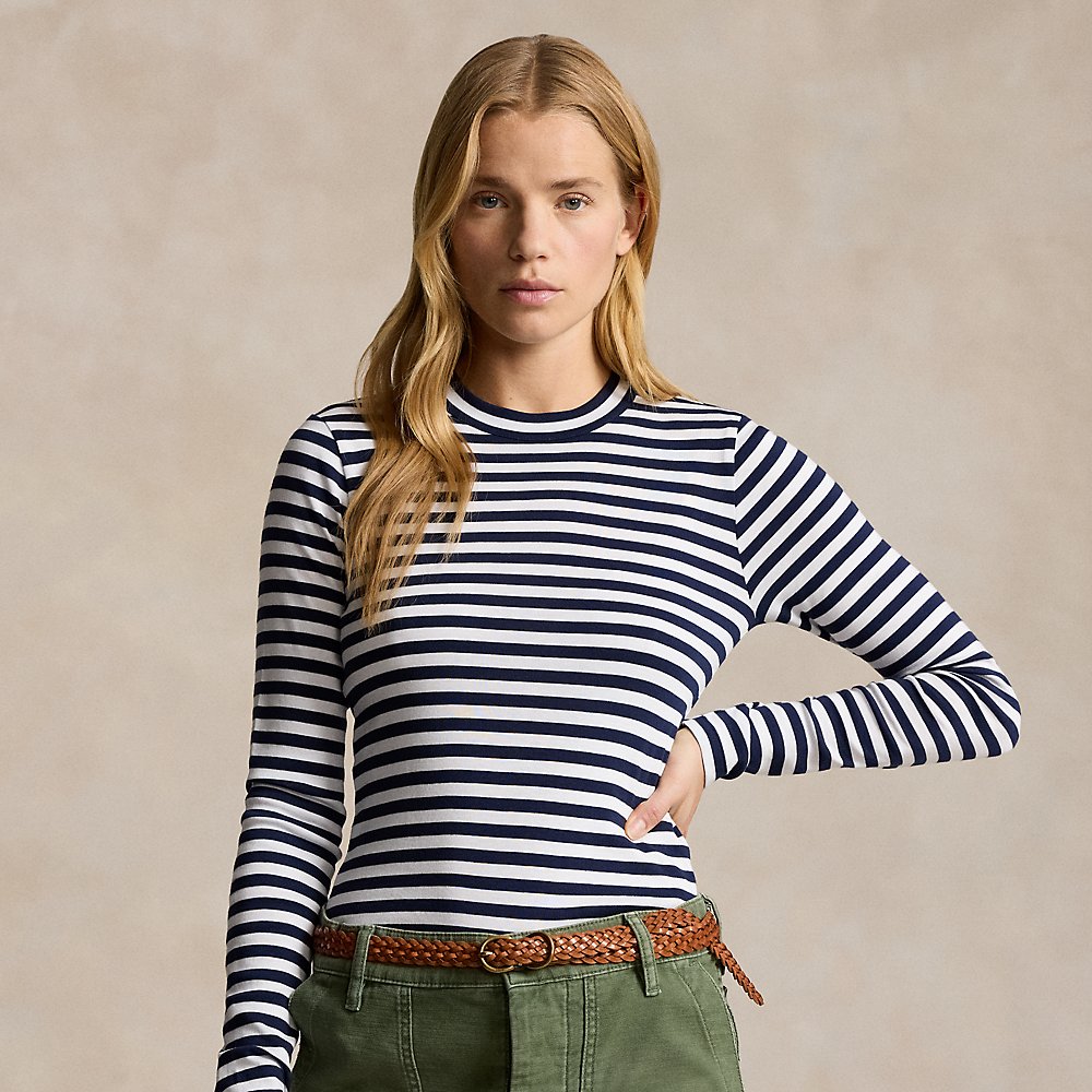 Ralph Lauren Striped Ribbed Long-sleeve Tee In Cruise Navy/white