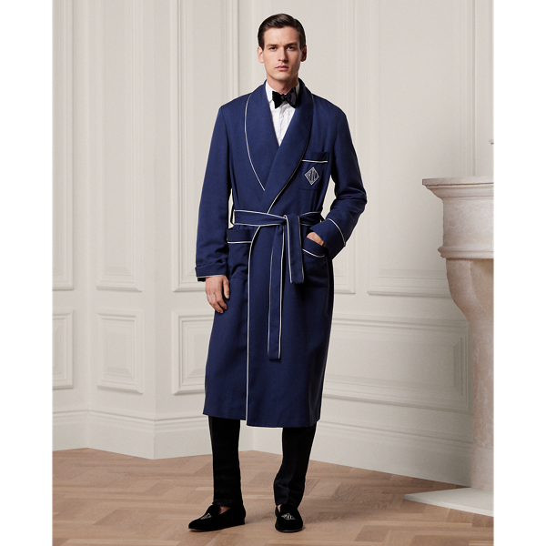 Ralph Lauren Purple Label Monogram Silk Twill Robe In Navy