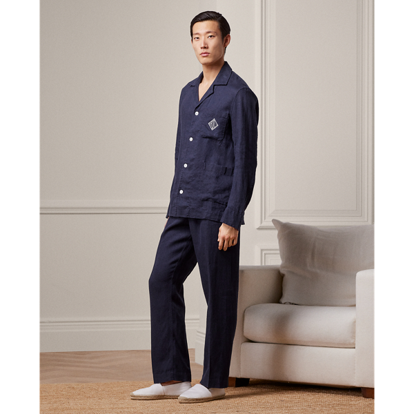Shop Ralph Lauren Purple Label Monogram Linen Pajama Set In Navy
