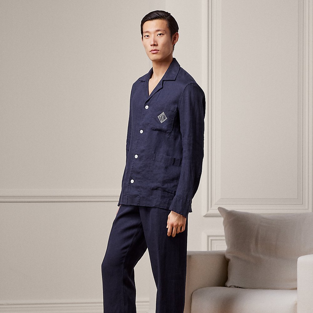 Ralph Lauren Purple Label Men's Textured Linen Two-piece Pajama Set In Navy